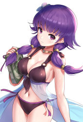 Rule 34 | 1girl, bare shoulders, bikini, blush, book, breasts, cleavage, closed mouth, collarbone, commentary request, expressionless, fire emblem, fire emblem: the sacred stones, fire emblem heroes, flower, gonzarez, hair flower, hair ornament, highres, holding, holding book, looking at viewer, lute (fire emblem), medium breasts, navel, nintendo, purple eyes, purple hair, shiny clothes, shiny skin, solo, stomach, sweat, sweatdrop, swimsuit, thighs