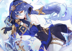 Rule 34 | 1girl, bare shoulders, black gloves, blue hair, blue hood, blue sleeves, cheek rest, claw ring, closed mouth, covered navel, detached sleeves, drill hair, expressionless, genshin impact, gloves, highres, layla (genshin impact), long hair, long sleeves, looking at viewer, orange eyes, pants, puffy long sleeves, puffy sleeves, sidelocks, solo, sparkle print, thighlet, twintails, vardan, white pants