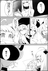 Rule 34 | 10s, 4girls, ^^^, ^ ^, abyssal ship, ahoge, atoshi, bad id, bad pixiv id, closed eyes, comic, destroyer princess, fang, greyscale, hat, highres, horns, kantai collection, midway princess, monochrome, multiple girls, northern ocean princess, open mouth, re-class battleship, scarf, side ponytail, sweatdrop, academic test, test score, white hair
