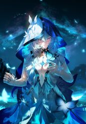 1girl blue_butterfly blue_hair blue_theme blue_veil breasts bug butterfly closed_mouth colored_eyelashes commentary cowboy_shot dress english_commentary hair_between_eyes hand_up highres insect lewdlily66 long_hair looking_at_animal medium_breasts nebula purple_eyes shorekeeper_(wuthering_waves) sleeveless sleeveless_dress smile solo two-tone_veil veil white_dress white_veil wuthering_waves