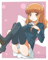 Rule 34 | 10s, 1girl, artist name, black footwear, black thighhighs, blue jacket, blunt bangs, boots, cbgb, commentary, full body, girls und panzer, green shirt, invisible chair, jacket, leaning back, long hair, looking at viewer, military, military uniform, miniskirt, ooarai military uniform, orange eyes, orange hair, outside border, panties, pantyshot, parted lips, pillow, pleated skirt, polka dot, polka dot background, purple eyes, shirt, signature, sitting, skirt, solo, takebe saori, thighhighs, thighs, underwear, uniform, white panties, white skirt