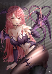 Rule 34 | 1girl, absurdres, bare shoulders, black choker, black pantyhose, breasts, bustier, choker, cleavage, clothing cutout, commentary request, demon girl, demon tail, demon wings, finger to mouth, head wings, heart, heart tail, highres, large breasts, lips, long hair, looking at viewer, nail polish, navel, nori chazuke, original, pantyhose, parted lips, pink hair, pointy ears, purple nails, purple wings, red eyes, sample watermark, signature, solo, stomach cutout, tail, thighs, very long hair, watermark, wings