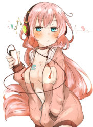 Rule 34 | 1girl, amonitto, aqua eyes, blush, breasts, cardigan, choker, cleavage, collarbone, digital media player, headphones, holding digital media player, large breasts, long hair, long sleeves, looking at viewer, media player interface, megurine luka, naked cardigan, navel, no bra, open cardigan, open clothes, pink hair, solo, unzipped, very long hair, vocaloid, zipper