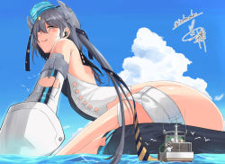 Rule 34 | 1boy, 1girl, admiral (kancolle), ass, black hair, blush, boat, brown eyes, day, elbow gloves, foreshortening, garrison cap, giant, giantess, gloves, grey hair, grey one-piece swimsuit, hair over one eye, hat, highres, inaba oden, kantai collection, long hair, looking at another, military, military uniform, naval uniform, one-piece swimsuit, one side up, sailor collar, scamp (kancolle), size difference, smile, swimsuit, thighs, tongue, tongue out, torn clothes, uniform, watercraft