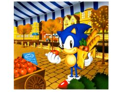 Rule 34 | 1boy, apple, black eyes, blue fur, bmp-to-png conversion, bread, bridge, closed mouth, food, fruit, full body, furry, furry male, gloves, hedgehog, hedgehog boy, holding, holding food, holding fruit, house, official art, orange (fruit), plant, sonic (series), sonic the hedgehog, standing, tomato, water, white gloves