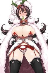 Rule 34 | 1girl, areola slip, armor, armored dress, bell, black hair, black thighhighs, blush, breasts, cape, character request, choker, christmas, commentary, condom, condom in mouth, copyright request, dress, etchi inoha sukidesuka, flipped hair, full-face blush, fur cape, fur hat, garter belt, garter straps, hair ornament, hands on own hips, hat, highres, holly hair ornament, huge breasts, ilya (christmas) (princess connect!), ilya (princess connect!), impossible clothes, impossible dress, jingle bell, long hair, messy hair, mouth hold, navel, neck bell, red eyes, red garter belt, revealing clothes, ribbon choker, solo, symbol-only commentary, thighhighs, thighs, used condom, very long hair, white hat