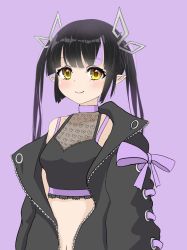 Rule 34 | 1girl, black hair, black jacket, black shirt, blouse, blunt bangs, blush, breasts, cleavage, closed mouth, commentary request, crop top, demon girl, demon horns, heart, heart print, highres, horns, jacket, kojo anna, kojo anna (1st costume), long hair, long sleeves, looking at viewer, medium breasts, midriff, multicolored hair, nanashi inc., navel, off shoulder, open clothes, open jacket, pink background, pink hair, pointy ears, print shirt, robou no stone, see-through, see-through cleavage, see-through shirt, shirt, simple background, sleeveless, sleeveless shirt, smile, solo, sugar lyric, twintails, two-tone hair, upper body, virtual youtuber, yellow eyes, zipper