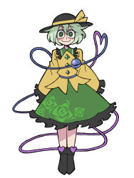 Rule 34 | 1girl, black footwear, black hat, bright pupils, closed mouth, commentary, eddybird55555, english commentary, floral print, full body, green eyes, green hair, green skirt, hat, hat ribbon, heart, heart of string, highres, komeiji koishi, long sleeves, looking at viewer, ribbon, ringed eyes, rose print, shirt, short hair, simple background, skirt, solo, standing, third eye, touhou, vanripper (style), white background, white pupils, wide sleeves, yellow ribbon, yellow shirt