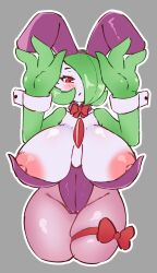 Rule 34 | 1girl, blush, breasts, collar, cowboy shot, creatures (company), cropped legs, game freak, gardevoir, gen 3 pokemon, green hair, grey background, highres, huge breasts, leotard, masked agent, nintendo, nipples, outline, pantyhose, parted lips, pink pantyhose, pokemon, pokemon (creature), purple leotard, red eyes, short hair, simple background, skindentation, solo, standing, thick thighs, thighlet, thighs, white outline, wrist cuffs
