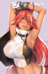 Rule 34 | 1girl, armpits, azur lane, belt, belt buckle, blonde hair, blush, breasts, buckle, buttons, chain, dark-skinned female, dark skin, double-breasted, gloves, high collar, highres, jamaica (azur lane), large breasts, long hair, looking at viewer, multicolored hair, nakano sora, navel, open mouth, red hair, red skirt, see-through, shiny skin, shirt, skirt, sleeveless, sleeveless shirt, solo, sweatdrop, upper body, very long hair, white gloves, white shirt, yellow eyes