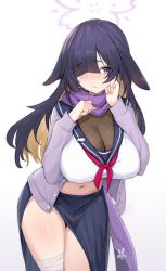 Rule 34 | 1girl, bandaged leg, bandages, blue archive, blush, breasts, cbmus, cleavage, hair over one eye, halo, highres, huge breasts, long hair, lop rabbit ears, purple scarf, rabbit ears, sailor collar, sailor shirt, scarf, see-through, see-through cleavage, shirt, simple background, solo, tsukuyo (blue archive), white background