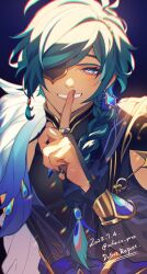 Rule 34 | 1boy, artist name, black shirt, blue background, blue eyes, blue hair, braid, braided ponytail, bridal gauntlets, chacha (ochaco gnsn), chromatic aberration, commentary request, dark-skinned male, dark skin, dated, earrings, eyepatch, film grain, finger to mouth, fur scarf, genshin impact, gold trim, grin, hair over shoulder, high collar, highres, index finger raised, jewelry, kaeya (genshin impact), kaeya (sailwind shadow) (genshin impact), long hair, looking at viewer, male focus, official alternate costume, official alternate hairstyle, peacock feathers, shirt, shushing, single braid, single earring, sleeveless, sleeveless shirt, smile, solo, twitter username, upper body