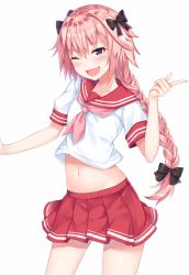 Rule 34 | 1boy, ;d, absurdres, astolfo (fate), astolfo (sailor paladin) (fate), blush, braid, braided ponytail, coffeedog, cowboy shot, crossdressing, fate/apocrypha, fate (series), highres, index (toaru majutsu no index), index finger raised, long hair, male focus, midriff, navel, official alternate costume, one eye closed, open mouth, pink hair, pink neckwear, pleated skirt, purple eyes, red sailor collar, red skirt, sailor collar, school uniform, serafuku, shirt, short sleeves, simple background, single braid, skirt, smile, solo, standing, stomach, trap, very long hair, white background, white shirt