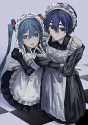 Rule 34 | 1boy, 1girl, absurdres, alternate costume, apron, aqua eyes, aqua hair, black dress, black footwear, blue eyes, blue hair, brown footwear, commentary, crossdressing, crossed arms, dress, enmaided, frilled apron, frilled hairband, frills, gloves, hair between eyes, hairband, hatsune miku, highres, kaito (vocaloid), long dress, long hair, looking at viewer, looking up, maid, maid apron, maid headdress, male maid, open mouth, pale skin, short hair, simple background, standing, teeth, tile floor, tiles, twintails, user uaja7725, v, very long hair, victorian maid, vocaloid, white apron, white gloves