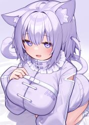 Rule 34 | 1girl, animal ears, breasts, cat ears, cat girl, cat tail, clothes writing, commentary request, deaver, gradient background, highres, hololive, jacket, large breasts, long sleeves, looking at viewer, nekomata okayu, nekomata okayu (membership), purple background, purple eyes, purple hair, purple jacket, short hair, solo, tail, virtual youtuber