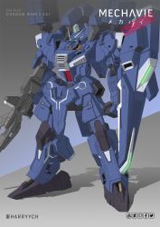 Rule 34 | artist name, character name, clenched hand, commentary, commission, deviantart logo, english commentary, facebook logo, glowing, glowing eye, gun, gundam, gundam mk v, gundam sentinel, harryych, highres, holding, holding gun, holding shield, holding weapon, mecha, mobile suit, no humans, pixiv logo, redesign, robot, science fiction, shield, solo, standing, twitter logo, v-fin, weapon