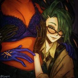 2girls arm_around_waist black_gloves black_hair bra breasts cat_eye-framed_eyewear cleavage collared_shirt cospirt creatures_(company) dark-skinned_female dark_skin game_freak geeta_(pokemon) glasses gloves green_hair hand_on_another&#039;s_chest hand_on_another&#039;s_stomach head_out_of_frame highres long_hair long_sleeves looking_at_viewer multiple_girls nintendo pokemon pokemon_sv purple_bra purple_gloves rika_(pokemon) shirt sleeves_rolled_up smile topless underwear yuri