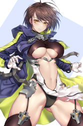 Rule 34 | 1girl, absurdres, ahoge, azur lane, baltimore (azur lane), black leotard, blush, boots, braid, breasts, brown hair, center opening, clothing cutout, coat, covered erect nipples, cowboy shot, floating hair, garter straps, gloves, gluteal fold, groin, hair between eyes, hands up, highres, large breasts, leotard, long sleeves, looking at viewer, nasaniliu, navel, open clothes, open coat, open mouth, pelvic curtain, purple coat, revision, rigging, short hair, simple background, solo, stomach, thigh boots, thighhighs, thighs, torn clothes, underboob cutout, white gloves, yellow eyes
