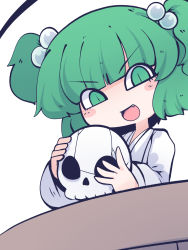 Rule 34 | 1girl, blush, bucket, chahan (fried rice0614), chibi, commentary request, fang, green eyes, green hair, hair bobbles, hair ornament, highres, holding, holding skull, in bucket, in container, japanese clothes, kimono, kisume, long sleeves, medium hair, one-hour drawing challenge, open mouth, simple background, skull, solo, touhou, v-shaped eyebrows, white background, white kimono, wide sleeves, wooden bucket