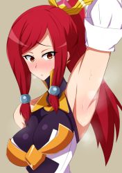 Rule 34 | 1girl, arc system works, armor, armpits, bad anatomy, bare shoulders, blazblue, blush, bodysuit, breasts, detached sleeves, embarrassed, hair ornament, hair tubes, izayoi (blazblue), large breasts, long hair, looking at viewer, orange eyes, ponytail, red hair, shiny skin, smell, solo, steam, sweat, taka (georg xiii), tsubaki yayoi