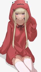 Rule 34 | 1girl, absurdres, amanogawa shiina, animal hood, blonde hair, commentary request, commission, gloves, grin, hand up, highres, hood, hoodie, kaekae kaeru, long hair, looking at viewer, panties, pantyshot, phase connect, purple eyes, red gloves, red hoodie, simple background, sitting, skeb commission, smile, solo, thighhighs, underwear, white background, white panties, white thighhighs