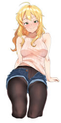 Rule 34 | 1girl, ahoge, arm support, bare shoulders, black pantyhose, blonde hair, blue shorts, blush, breasts, christmas, closed mouth, cropped legs, crotch seam, denim, denim shorts, djheycha, green eyes, hair down, hair ornament, highres, hoshii miki, idolmaster, idolmaster (classic), invisible chair, jewelry, pantyhose under shorts, long hair, looking at viewer, medium breasts, nail polish, necklace, nose blush, open clothes, open shorts, pantyhose, pink nails, ribbed sweater, short shorts, shorts, sidelocks, simple background, sitting, sleeveless, sleeveless turtleneck, smile, solo, sweater, thighs, turtleneck, white background, white sweater