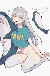 Rule 34 | 1girl, :d, black panties, blue eyes, blue shirt, breasts, clothes writing, crop top, crop top overhang, dated, earrings, fang, film grain, grey hair, highres, jewelry, long hair, looking at viewer, mimelond, navel, no pants, no shoes, open mouth, original, panties, seiza, shirt, short sleeves, simple background, sitting, small breasts, smile, solo, stomach, stuffed animal, stuffed shark, stuffed toy, thighhighs, thighs, underwear, white background, white thighhighs