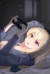 Rule 34 | 1girl, areola slip, artist name, bed, blonde hair, blue hoodie, blush, breasts, gamryous, girls&#039; frontline, handheld game console, highres, hood, hoodie, jewelry, long hair, lying, messy hair, on back, on bed, open clothes, open hoodie, playstation portable, red eyes, ring, russian flag, sv-98 (girls&#039; frontline)