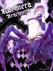 Rule 34 | 10s, 1girl, arachne, arthropod girl, breasts, carapace, character name, claws, detached sleeves, extra eyes, hand on own face, huge breasts, insect girl, kanipanman, monster girl, monster musume no iru nichijou, multiple legs, navel, pelvic curtain, purple hair, purple theme, rachnera arachnera, red eyes, signature, solo, spider girl, taur, underboob