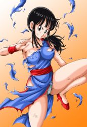 Rule 34 | &gt;:(, 1girl, arm at side, bare arms, bare legs, bare shoulders, black eyes, black hair, blue dress, breasts, chi-chi (dragon ball), china dress, chinese clothes, clothes lift, collarbone, commentary request, dirty, dirty clothes, dirty face, dragon ball, dragon ball (classic), dress, fighting stance, floating hair, frown, gradient background, high heels, highres, large breasts, leg up, orange background, panties, parted lips, ponytail, red footwear, simple background, solo, standing, standing on one leg, torn clothes, torn dress, underwear, v-shaped eyebrows, white background, white panties, wind, wind lift, wristband, young jijii