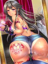 Rule 34 | 1girl, ass, ass tattoo, bb (fate), bb (fate) (all), bb (swimsuit mooncancer) (fate), bb (swimsuit mooncancer) (fate) (cosplay), bed, belt, black hair, breasts, cellphone, cosplay, curtains, dark persona, denim, denim shorts, earrings, fate (series), fingernails, hairband, half-closed eyes, haruna (kancolle), heart, heart earrings, heart tattoo, highres, jewelry, kantai collection, large breasts, militia minpei, mirror, nail polish, partially visible vulva, phone, purple eyes, pussy juice, revealing clothes, selfie, short shorts, shorts, smartphone, solo, suggestive fluid, tan, tanline, tattoo, thong, underboob, whale tail (clothing)