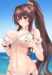 Rule 34 | 1girl, beach, bikini, breast conscious, breasts, brown hair, cherry blossoms, cleavage, commentary request, flower, hair flower, hair ornament, highres, horizon, kantai collection, large breasts, long hair, nitamako (sakamalh), ocean, outstretched arms, ponytail, solo, swimsuit, upper body, white bikini, yamato (kancolle), yamato kai ni (kancolle)