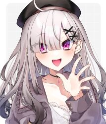 Rule 34 | 1girl, :d, ahoge, beret, blunt bangs, blush, breasts, cleavage, dot nose, eyes visible through hair, fangs, grey hair, hair ornament, hair over one eye, hat, highres, large breasts, long hair, looking at viewer, mole, mole under eye, nijisanji, open mouth, parted bangs, purple eyes, simple background, smile, solo, sukoya kana, tongue, virtual youtuber, x hair ornament, yukino 0306