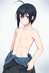 Rule 34 | 1boy, ahoge, asugano subaru, asymmetrical hair, bare pectorals, black hair, blue eyes, clothes pull, commentary request, dress pull, japanese clothes, looking at viewer, male focus, original, pectorals, simple background, solo, sweatdrop, topless male, white background, yagi (ningen)