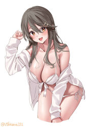 Rule 34 | 1girl, bikini, blush, breasts, brown eyes, collarbone, cropped legs, dress shirt, ebifurya, grey hair, hair between eyes, hair ornament, hairclip, haruna (kancolle), highres, kantai collection, large breasts, leaning forward, long hair, long sleeves, looking at viewer, navel, one-hour drawing challenge, open clothes, open mouth, open shirt, shirt, side-tie bikini bottom, sidelocks, simple background, smile, solo, stomach, swimsuit, thighs, twitter username, white background, white bikini, white shirt