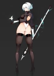 Rule 34 | 1girl, absurdres, ass, black background, black footwear, black hairband, black thighhighs, blue eyes, boots, breasts, closed mouth, commentary, feather trim, flower, from behind, full body, hairband, high heel boots, high heels, highleg, highleg leotard, highres, holding, holding weapon, leotard, li894887897, lips, long sleeves, looking at viewer, looking back, lunar tear, medium breasts, mole, mole under mouth, nier:automata, nier (series), puffy sleeves, shiny clothes, shiny skin, short hair, solo, standing, thigh boots, thighhighs, thighs, weapon, white hair, 2b (nier:automata)