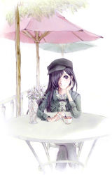 Rule 34 | 10s, 1girl, bow, bowtie, cabbie hat, casual, crossed legs, cup, elemile, flower, hair over one eye, hat, highres, ikezawa hanako, katawa shoujo, long hair, looking at viewer, md5 mismatch, pov across table, purple eyes, purple hair, resolution mismatch, scar, sitting, solo, source smaller, stirring, table, teacup, vase