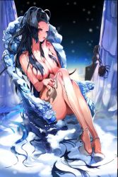 Rule 34 | 10s, 1girl, artist request, black hair, black nails, blade &amp; soul, blush, breasts, cleavage, artistic error, feet, female focus, fingernails, hair censor, kunai, large breasts, legs together, lipstick, long hair, makeup, nail polish, nude, parted lips, pink eyes, planted, platform footwear, platform heels, ran yu (blade and soul), sharp fingernails, sitting, snowing, solo, tattoo, very long hair, weapon, wrong foot