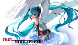 Rule 34 | 1girl, aqua eyes, aqua hair, bad id, bad pixiv id, elbow gloves, female focus, fkey, gloves, gradient background, hatsune miku, hatsune miku (append), headphones, headset, long hair, looking back, solo, thighhighs, twintails, very long hair, vocaloid, vocaloid append, water, white background, wings