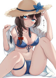Rule 34 | 1girl, absurdres, bikini, blue bikini, blue eyes, blush, braid, breasts, cleavage, collarbone, flower, hair tie, hat, hat flower, highres, kantai collection, kiritto, long hair, looking at viewer, medium breasts, official alternate costume, open clothes, open shirt, parted lips, shigure (kancolle), shigure kai san (kancolle), shirt, simple background, single braid, sitting, solo, sun hat, sweat, swimsuit, thigh strap, white background, white shirt