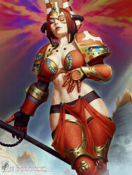 Rule 34 | 1girl, adeptus astartes, armor, armored boots, artist name, bikini armor, blue sky, blunt bangs, bob cut, boots, breasts, cleavage, closed eyes, closed mouth, collarbone, egyptian, egyptian architecture, eyeliner, eyepatch, gauntlets, helmet, highres, holding, holding staff, large breasts, lips, makeup, navel, outdoors, pauldrons, pelvic curtain, power armor, red hair, short hair, shoulder armor, sky, smile, solo, space marine, staff, stomach, themaestronoob, thousand sons, warhammer 40k, watermark, web address