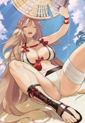 Rule 34 | 1girl, baiken, bikini, blue sky, breasts, brown hair, cloud, commentary request, day, facial mark, feet, guilty gear, guilty gear xrd, hair down, hat, highres, holding, holding clothes, holding hat, jako (toyprn), large breasts, legs, long hair, nail polish, navel, one eye closed, open mouth, palm tree, pink nails, sand, sandals, shiny skin, sitting, sky, solo, sweat, swimsuit, thighs, toenail polish, toenails, toes, tree, unworn hat, unworn headwear, very long hair, white bikini