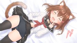 Rule 34 | 1girl, animal ears, black sailor collar, black thighhighs, blush, brown hair, cat ears, cat girl, cat tail, closed eyes, commentary request, commission, fang, hair between eyes, hair ornament, hairclip, highres, ikazuchi (kancolle), kantai collection, kemonomimi mode, lifted by self, long sleeves, lying, neckerchief, old school swimsuit, one-piece swimsuit, open mouth, pixiv commission, sailor collar, school swimsuit, school uniform, serafuku, short hair, skirt, smile, solo, swimsuit, swimsuit under clothes, tail, thighhighs, wamu (chartreuse)