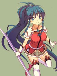 Rule 34 | 1girl, antenna hair, armor, blue eyes, blue hair, blush, boots, braid, breasts, closed mouth, collarbone, dress, eyes visible through hair, female focus, fire emblem, fire emblem: the sacred stones, fire emblem heroes, frilled skirt, frills, gloves, green background, grey skirt, hair between eyes, highres, holding, holding weapon, jewelry, large breasts, legs, long hair, looking at viewer, matching hair/eyes, neck, necklace, nintendo, pauldrons, pegasus knight uniform (fire emblem), ponytail, princess, red dress, shira yu ki, shoulder armor, simple background, skirt, smile, solo, standing, standing on one leg, tana (fire emblem), thigh boots, thighhighs, twin braids, very long hair, weapon, white footwear, white gloves