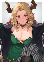 Rule 34 | &gt;:(, 1girl, black coat, black pantyhose, blush, border, breasts, brown eyes, brown hair, choker, cleavage, closed mouth, coat, collarbone, commentary request, cowboy shot, draph, dress, drill hair, earrings, forehead, gloves, granblue fantasy, green choker, green gloves, grey background, hinami (hinatamizu), horns, jewelry, large breasts, layered dress, long hair, looking at viewer, maria theresa (granblue fantasy), multicolored clothes, multicolored dress, open clothes, open coat, outside border, pantyhose, pointy ears, simple background, solo, strapless, strapless dress, sweat, v-shaped eyebrows, white border