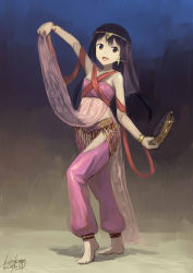 Rule 34 | 1girl, :d, arabian clothes, arm up, artist name, bandeau, barefoot, black hair, bracelet, brown eyes, circlet, dancer, earrings, faux traditional media, full body, harem outfit, harem pants, highres, holding, instrument, jewelry, k-on!, kanokoga, long hair, lots of jewelry, nakano azusa, open mouth, pants, ribbon, signature, smile, solo, standing, strapless, tambourine, tube top, twintails, veil