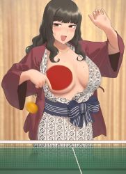 Rule 34 | 1girl, ball, black hair, blush, breasts, brown eyes, censored, censored nipples, convenient censoring, highres, holding, japanese clothes, kimono, large breasts, long hair, long sleeves, mole, mole on breast, motion blur, open mouth, original, paddle, plump, ryokucha michi, solo, sweat, table tennis, table tennis paddle, yukata