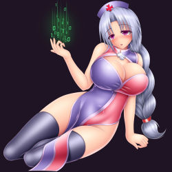 Rule 34 | 1girl, bad id, bad pixiv id, bare shoulders, between thighs, binary, black thighhighs, blush, braid, breasts, cleavage, female focus, groin, harumi (harumix), hat, hip focus, huge breasts, long hair, long legs, navel, open mouth, purple eyes, shirt, silver hair, solo, tareme, taut clothes, taut shirt, thick thighs, thighhighs, thighs, touhou, wide hips, yagokoro eirin