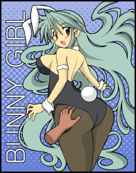 Rule 34 | 1girl, animal ears, ass, ass grab, blush, breasts, colorized, disembodied hand, elba (gomamiso sti), english text, fake animal ears, fuwamaru-chan, gomamiso (gomamiso sp), green hair, highres, hip focus, large breasts, long hair, looking back, grabber tool, open mouth, original, pantyhose, playboy bunny, pointy ears, rabbit ears, rabbit tail, red eyes, solo, tail, very long hair, wide hips, wrist cuffs