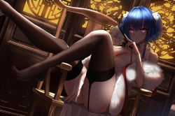 Rule 34 | 1girl, absurdres, armchair, azur lane, bad id, bad pixiv id, black nails, black thighhighs, blue hair, braid, breasts, chair, cleavage, closed mouth, commentary, dress, fur, garter straps, gloves, glowing, glowing eyes, hand fan, highres, holding, holding fan, jinpaitugounan, large breasts, long hair, looking at viewer, nail polish, no shoes, partially fingerless gloves, purple eyes, shaded face, single glove, sitting, smile, solo, st. louis (azur lane), st. louis (blue and white pottery) (azur lane), thighhighs, toes, white dress, white gloves